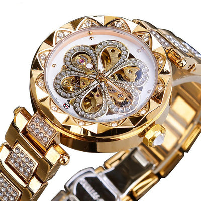 Forsining Mechanical Automatic Ladies Watches Top Brand Luxury Rhinestone Female Wrist Watches Rose Gold Stainless Steel Clock - Ashar Store