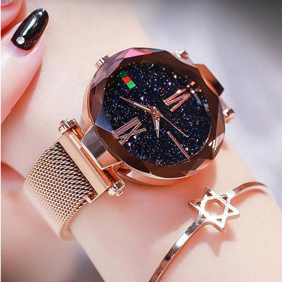 Luxury Women Watches Mesh Ladies Clock Magnet Buckle Starry Diamond Geometric Surface Quartz Wristwatch - Ashar Store