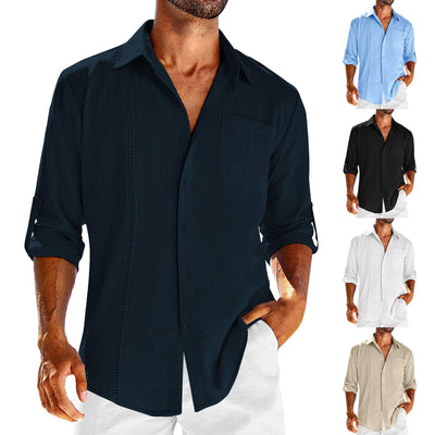 Casual  Long Sleeve Shirt With Pocket Lace Polo Collar Solid Color Button Mens Clothing - Ashar Store
