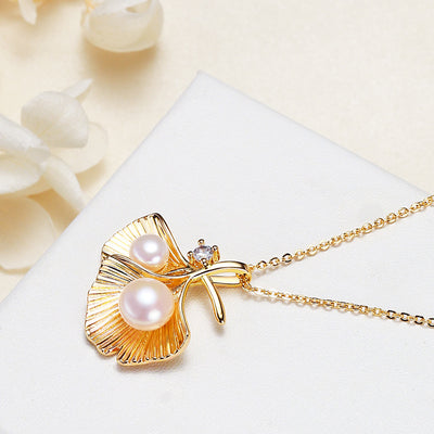 Natural Pearl Jewelry Vintage Double Leaf Zircon Gold Color Pendant Necklace For Woman - Ashar Store